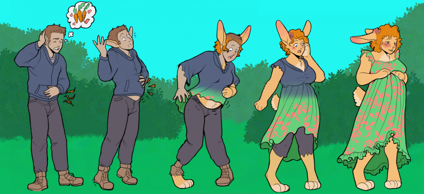 accessory anthro blue_eyes blush breast_growth breasts brown_body brown_fur brown_hair carrot clothed clothing colored dress ear_growth female field_background flower flower_in_hair food fur gender_transformation growth hair hair_accessory hair_growth hands_on_belly hi_res human human_to_anthro lagomorph leporid male mammal marzipanrose medium_breasts mtf_transformation orange_eyes orange_hair outside plant pregnant rabbit rapid_pregnancy sequence small_tail solo species_transformation surprised_expression tail tail_growth transformation vegetable