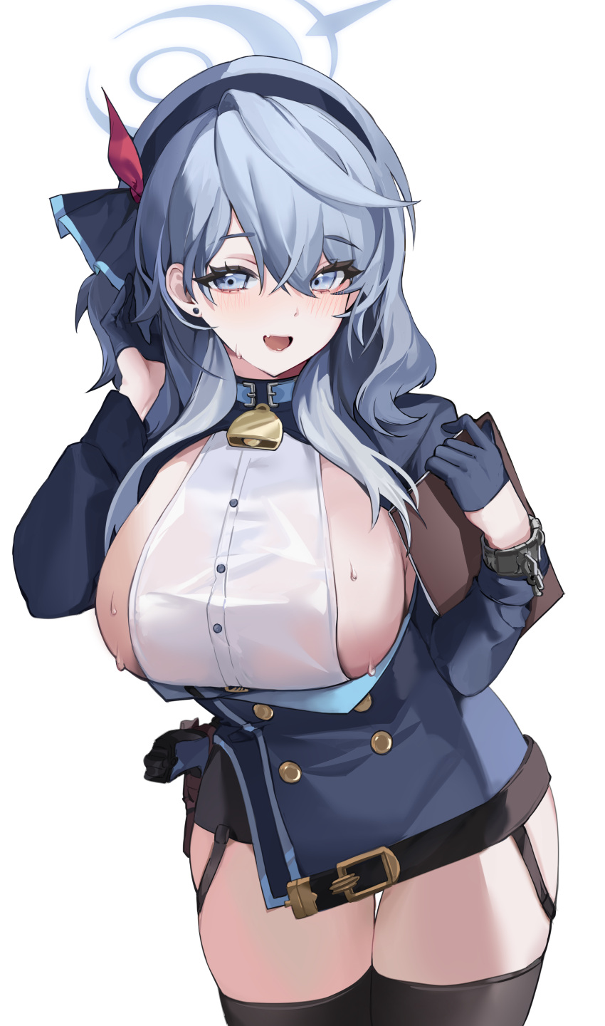 1girl absurdres adjusting_hair ako_(blue_archive) bell black_thighhighs blue_archive blue_eyes blue_gloves blue_hair blue_hairband blue_halo blue_jacket blush breasts clipboard commentary_request cowboy_shot cuffs earrings fang gloves hairband half_gloves halo handcuffs hands_up highres holding holding_clipboard huge_breasts jacket jewelry long_hair long_sleeves looking_at_viewer mon_(m0n) neck_bell open_mouth see-through see-through_shirt shirt sideboob simple_background smile solo standing stud_earrings sweat thighhighs thighs wet wet_clothes wet_shirt white_background white_shirt