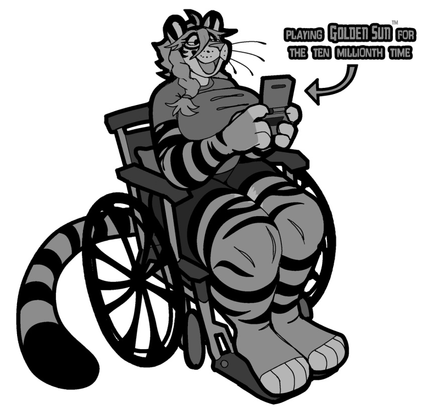 anthro bottomwear clothing disability english_text eyewear felid female gameboy_advance_sp gaming glasses hypnofood mammal monochrome nintendo pantherine playing_videogame sascha_(hypnofood) shirt shorts smile solo striped_body stripes t-shirt text tiger topwear wheelchair