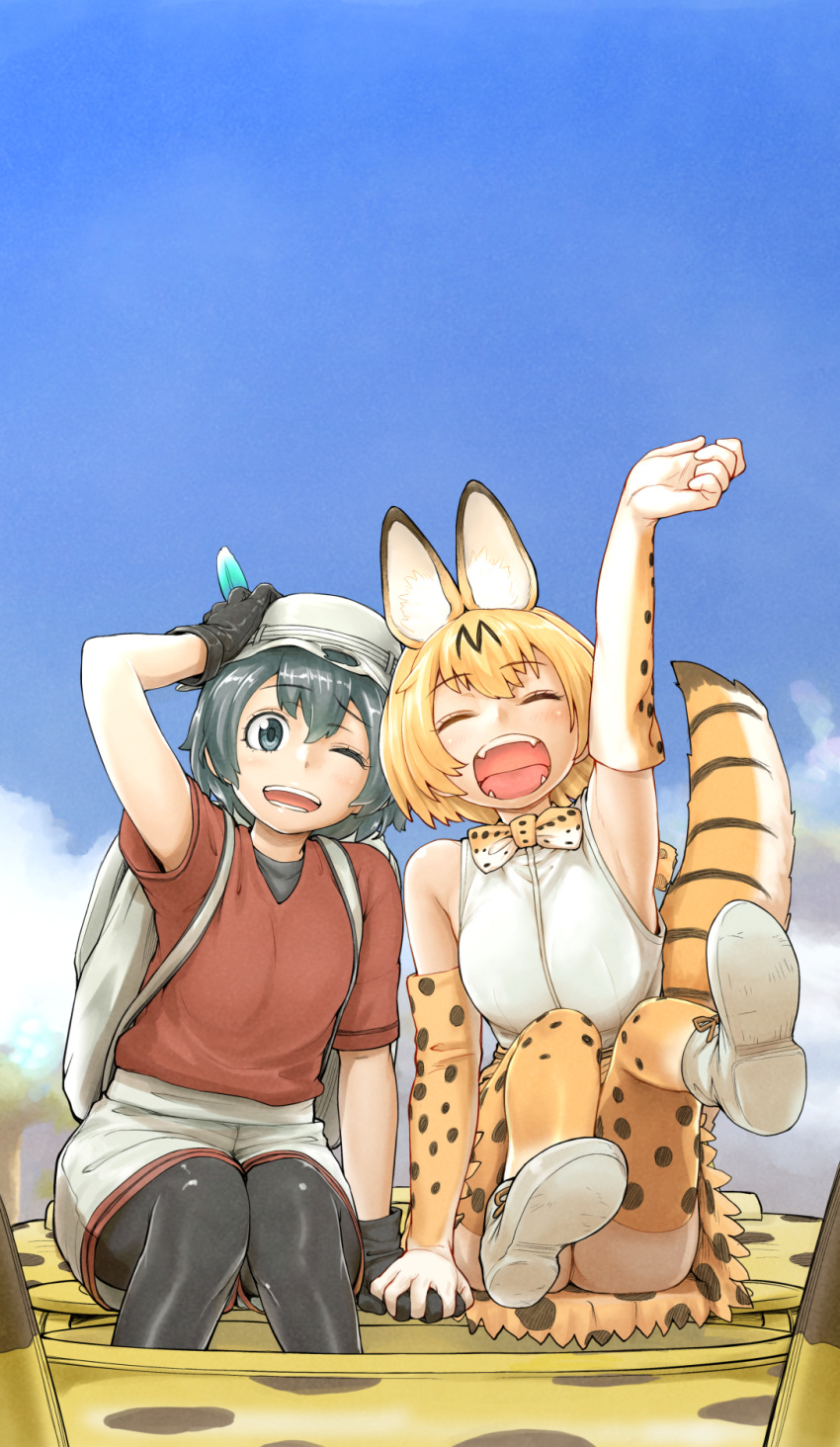 2girls animal_ears animal_print ass backpack bag black_eyes black_gloves black_hair black_pantyhose blonde_hair bow bowtie closed_eyes cloud day elbow_gloves full_body gloves hat highres holding_hands japari_bus kaban_(kemono_friends) kemono_friends multiple_girls nujima one_eye_closed open_mouth pants pantyhose red_shirt serval_(kemono_friends) shirt shoes short_hair short_sleeves sitting sky smile tail thighhighs white_pants