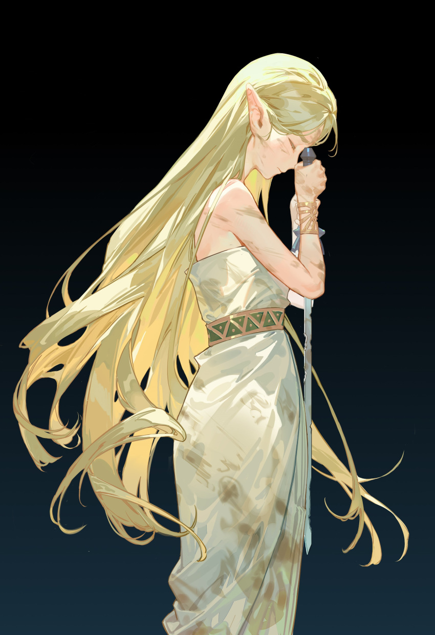 1girl absurdres bare_shoulders blonde_hair bracelet closed_eyes closed_mouth commentary_request cowboy_shot dirty dirty_clothes dirty_face dress from_side hands_up highres holding holding_sword holding_weapon jewelry long_hair master_sword off-shoulder_dress off_shoulder pointy_ears princess_zelda profile solo sword tefco the_legend_of_zelda the_legend_of_zelda:_breath_of_the_wild very_long_hair weapon white_dress