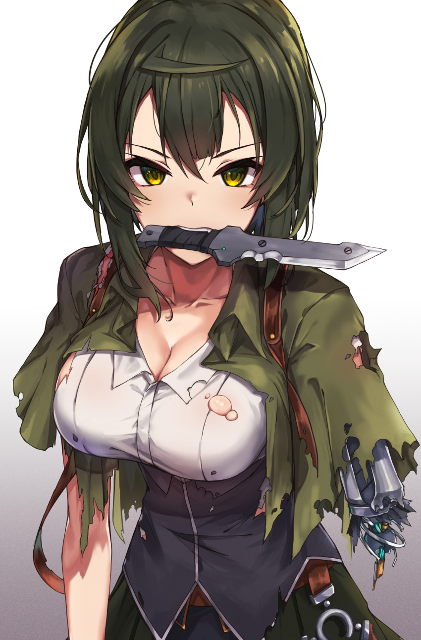 1girl amputee breasts cleavage collarbone fang gradient_background green_hair green_jacket hasumushi highres jacket knife large_breasts looking_at_viewer mouth_hold original prosthesis prosthetic_arm shirt short_hair solo teeth torn_clothes torn_jacket torn_shirt upper_body upper_teeth_only v-shaped_eyebrows white_background white_shirt yellow_eyes