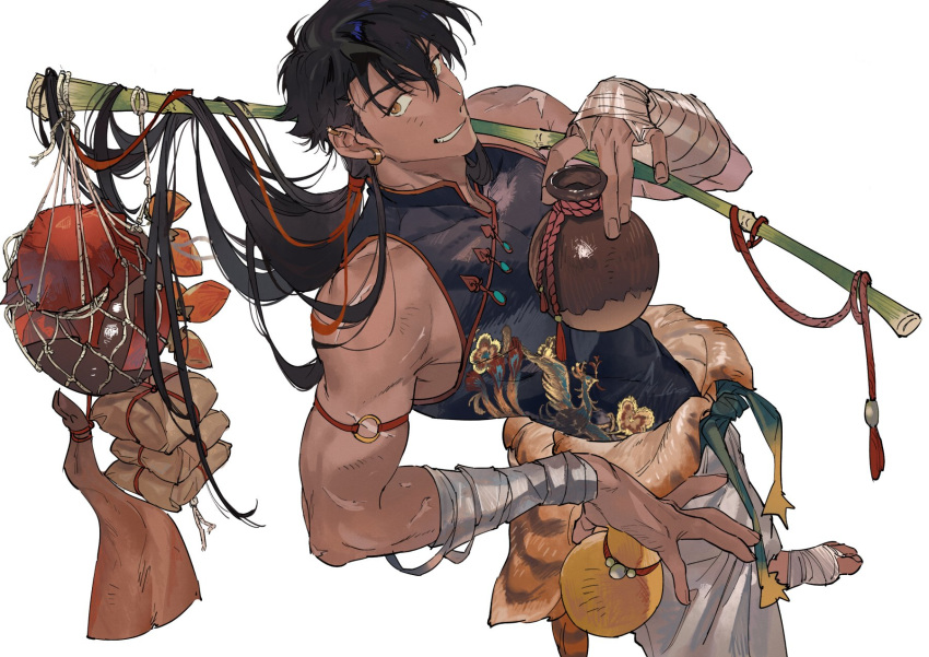 1boy arm_strap arm_wrap atie1225 baggy_pants bamboo bamboo_shoot bindle black_hair bright_pupils brown_eyes chinese_clothes chinese_commentary cowboy_shot dark-skinned_male dark_skin foot_wraps grin hands_up highres holding_bamboo_shoot leg_wrap long_hair looking_at_viewer male_focus o-ring o-ring_arm_strap original pants phoenix_print scar scar_on_arm shirt simple_background skin_tight sleeveless sleeveless_shirt smile solo standing tiger_skin toned toned_male very_long_hair white_background