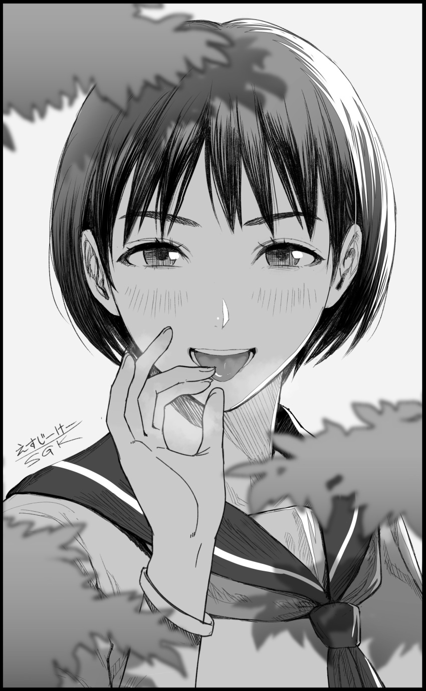 1girl absurdres ascot blurry bracelet branch commentary_request depth_of_field fellatio_gesture greyscale hatching_(texture) heavy_breathing highres jewelry looking_at_viewer medium_bangs monochrome open_mouth original portrait sailor_collar school_uniform serafuku sgk short_hair signature smile solo tongue tongue_out