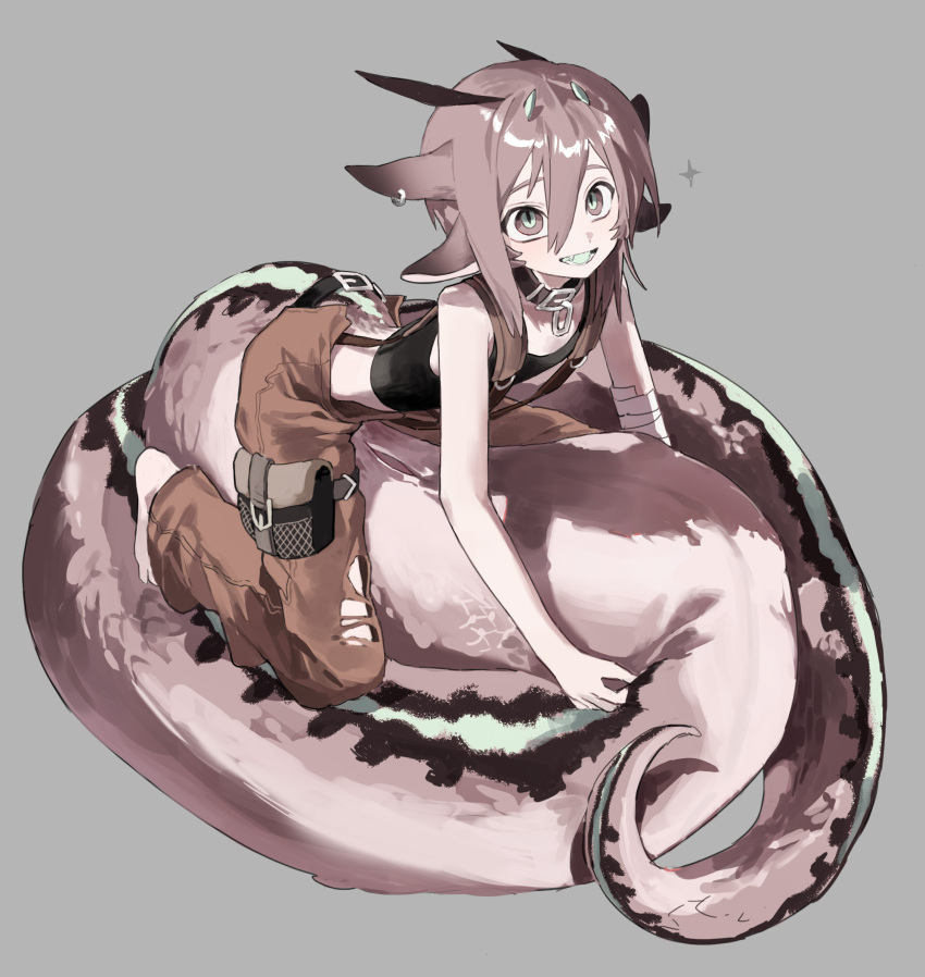 1boy :d animal_collar animal_ears bandaged_arm bandages barefoot between_legs black_tank_top brown_collar brown_eyes brown_hair brown_pants brown_theme collar colored_tongue ear_piercing fangs full_body green_eyes green_tongue grey_background hair_between_eyes highres holding_own_tail horns leaning_forward looking_at_viewer male_focus medium_hair multiple_animal_ears multiple_horns open_mouth original pants piercing pouch reptile_boy seeshin_see simple_background slit_pupils smile snake_boy snake_tail solo sparkle suspenders tail tail_belt tank_top thigh_pouch torn_clothes torn_pants two-tone_eyes