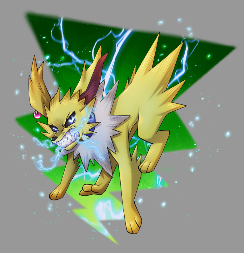 absurd_res black_sclera eeveelution electricity fangs feral fur generation_1_pokemon haychel hi_res jolteon nintendo pokemon pokemon_(species) quadruped solo teeth yellow_body yellow_fur