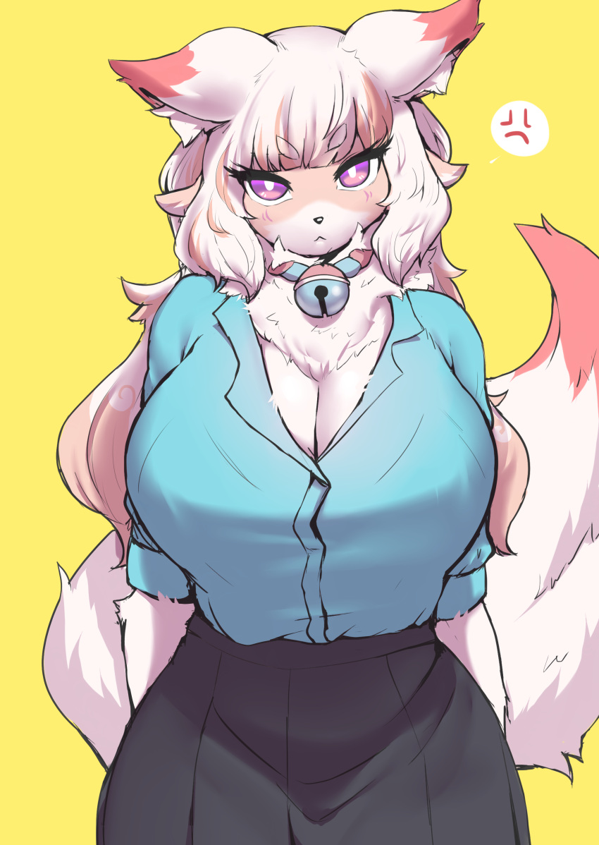 2023 absurd_res anthro big_breasts bottomwear breasts canid canine cecily_lin cleavage clothed clothing female fur hi_res mammal multicolored_body multicolored_fur simple_background skirt solo two_tone_body two_tone_fur