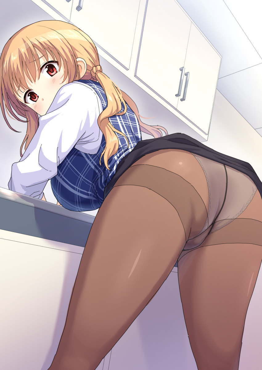 1girl arm_support ass bent_over black_skirt blonde_hair blue_vest blush brown_eyes clothes_lift commentary dress_shirt from_behind girlfriend_(kari) hair_tie highres indoors leaning_forward long_hair long_sleeves looking_at_viewer looking_back low_twintails miniskirt office_lady panties panties_under_pantyhose pantyhose perapera sakaida_natsumi shirt skirt skirt_lift solo standing thighband_pantyhose twintails underwear vest white_shirt