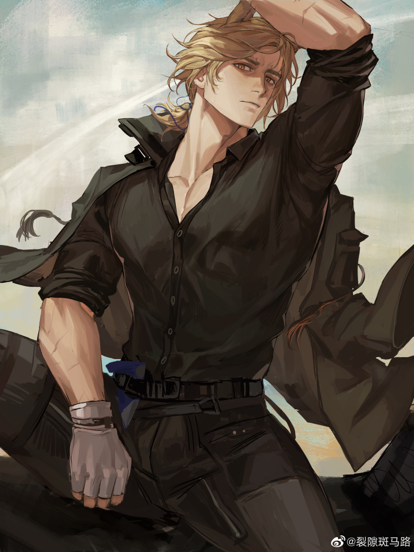 1boy absurdres aixiwuganda_(20222192) animal_ears arknights arm_over_head bara blonde_hair closed_mouth head_tilt highres horse_boy horse_ears horse_tail jacket jacket_on_shoulders long_hair looking_at_viewer male_focus mlynar_(arknights) muscular muscular_male pectoral_cleavage pectorals shirt solo spread_legs tail thick_eyebrows yellow_eyes