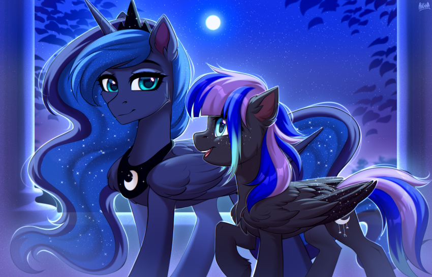 absurd_res black_body black_feathers black_fur blue_body blue_eyes blue_feathers blue_fur blue_hair blue_mane blue_tail cheek_tuft chest_tuft crown cutie_mark duo equid equine facial_tuft fan_character feathered_wings feathers female folded_wings freckles friendship_is_magic fur hair hakaina hasbro headgear hi_res hooves horn leg_tuft mammal mane moon multicolored_hair multicolored_mane multicolored_tail my_little_pony night pegasus princess_luna_(mlp) purple_hair purple_mane purple_tail raised_hoof smile tail tuft two_tone_hair two_tone_mane two_tone_tail winged_unicorn wings