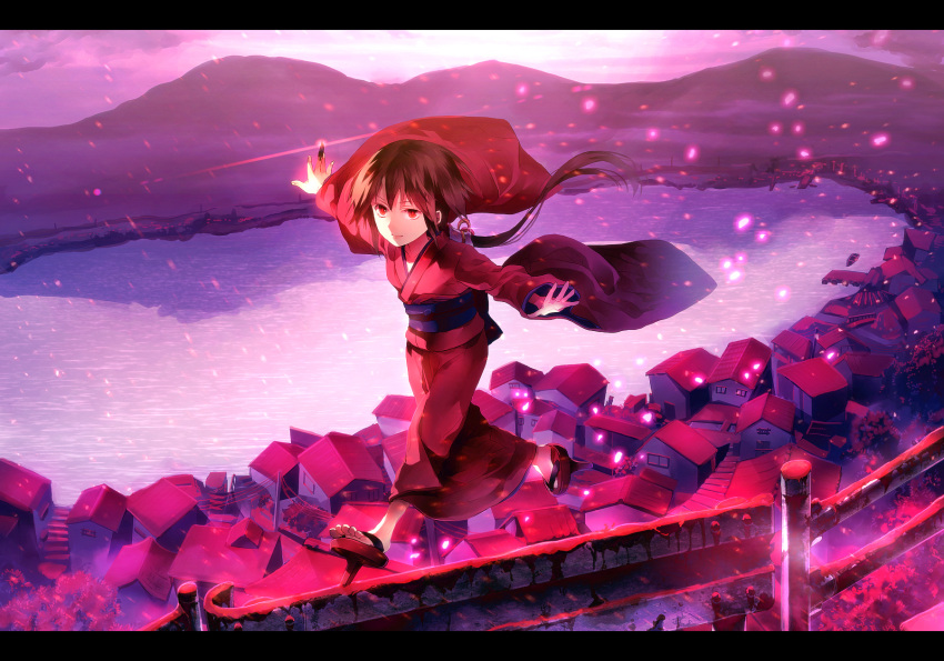 1girl brown_hair claws closed_mouth commentary_request diffraction_spikes evil_smile full_body geta glint highres japanese_clothes kimono kurame kusari_hime:_euthanasia lake light_particles long_hair looking_at_viewer low_ponytail midair mountainous_horizon obi on_railing outdoors outstretched_arms purple_sky red_eyes red_kimono reflection reflective_water running sash single_hair_tube sky smile solo spread_arms sunakumo tengu-geta town wide_shot