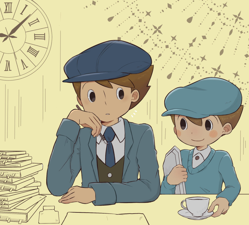 2boys black_eyes blue_headwear blue_jacket blue_necktie blue_sweater blush book book_stack brown_hair cabbie_hat clock closed_mouth collared_shirt commentary_request cup future_luke green_vest hand_on_own_cheek hand_on_own_face hat highres ink_bottle jacket kiwami_(kiwamimuneko) long_sleeves looking_at_another luke_triton male_focus multiple_boys necktie open_clothes open_jacket professor_layton professor_layton_and_the_unwound_future saucer shirt short_hair smile sweater upper_body vest wall_clock white_shirt yellow_background