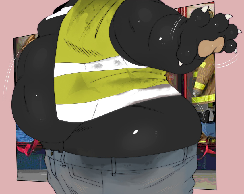 anthro bear belly big_belly big_butt black_body black_fur bottomwear bottomwear_down butt clothed clothing construction_worker crotch_tuft faceless_character faceless_male fupa fur hadou_(satsui-n0-had0u) hi_res high-vis huge_butt male mammal meme meme_clothing motion_lines obese obese_anthro obese_male open_clothing open_topwear overweight overweight_anthro overweight_male pants pants_down partially_clothed safety_vest satsui-n0-had0u side_view solo sun_bear tight_fit topwear tuft ursine vest wardrobe_malfunction