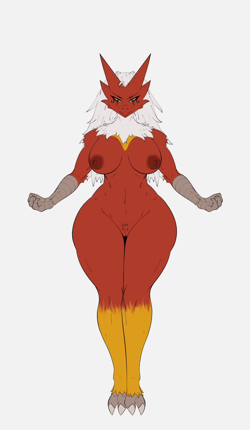 2021 4_fingers absurd_res anthro areola blaziken blue_eyes breasts female fingers generation_3_pokemon genitals hi_res looking_at_viewer nintendo nipples nude pokemon pokemon_(species) princeofchilledbros pussy red_body red_skin simple_background solo white_background yellow_sclera