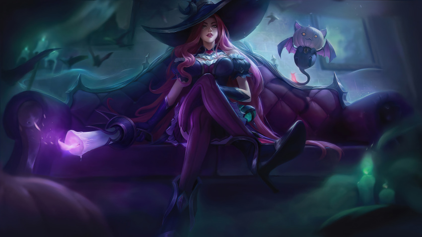 1girl absurdres bewitching_miss_fortune candle corset hat high_heels highres league_of_legends miss_fortune_(league_of_legends) non-web_source purple_thighhighs thighhighs witch_hat