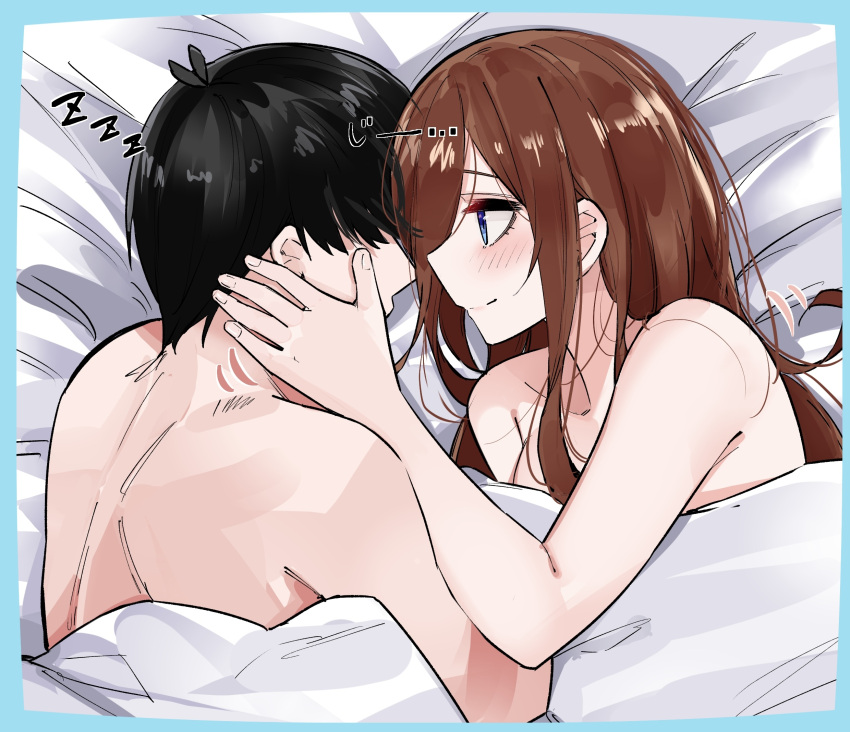 1boy 1girl bare_arms bare_shoulders bed_sheet black_hair blue_border blue_eyes blush border brown_hair closed_mouth go-toubun_no_hanayome hand_on_another's_face highres long_hair looking_at_another lying mame1645 nakano_miku on_side profile shared_blanket short_hair sleeping topless_male uesugi_fuutarou under_covers zzz