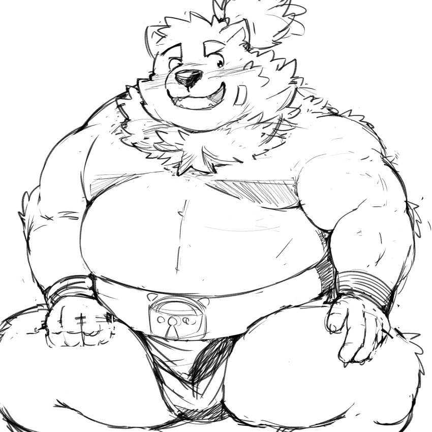 anthro asian_clothing bandage belly blush canid canine canis clothing crouching east_asian_clothing eyebrows hi_res japanese_clothing lifewonders live_a_hero male mammal mawashi mohumohudansi moobs overweight sketch smile solo sumo_wrestler thick_eyebrows topknot wolf yohack