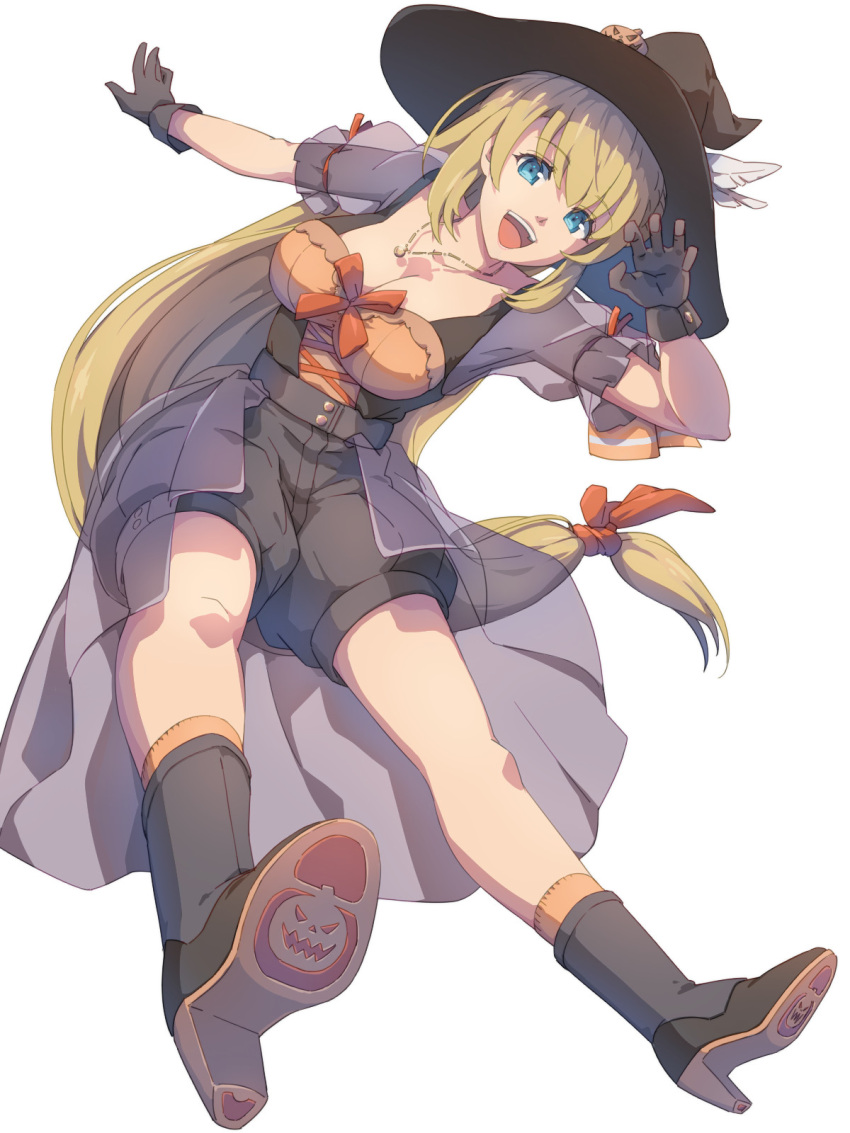 1girl agnes_claudel belt black_gloves blonde_hair blue_eyes boots border bow bowtie breasts chiharu_(9654784) cleavage commentary_request cross eiyuu_densetsu full_body gloves hair_tie hat high_heel_boots high_heels highres jewelry kuro_no_kiseki large_breasts long_hair low-tied_long_hair necklace open_mouth red_bow red_bowtie shoe_soles shorts simple_background smile solo teeth upper_teeth_only very_long_hair white_background witch_hat