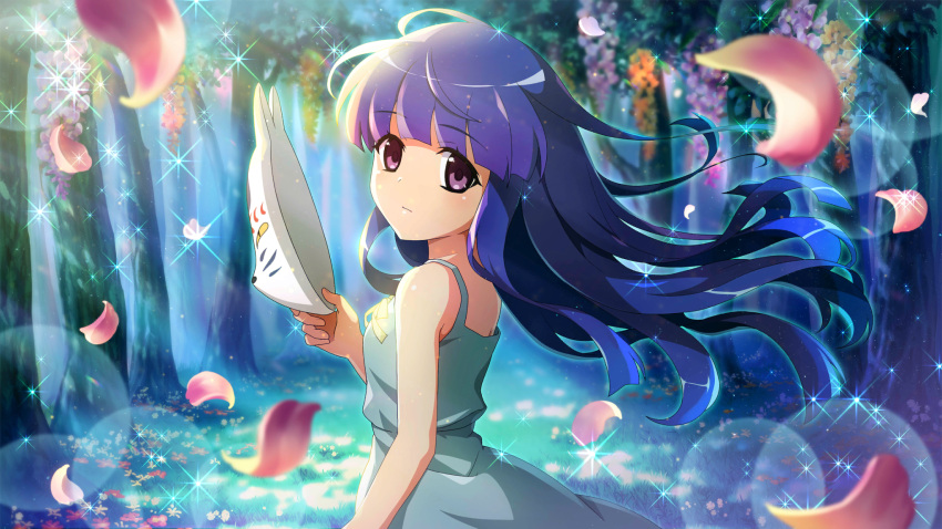 1girl bare_arms blue_hair blunt_bangs day dress flat_chest floating_hair forest fox_mask furude_rika green_dress highres higurashi_no_naku_koro_ni higurashi_no_naku_koro_ni_mei hime_cut holding holding_mask long_hair looking_at_viewer mask nature official_art parted_lips petals pink_petals purple_eyes scene_reference solo sparkle tree unworn_mask wind