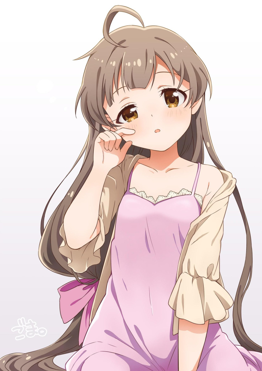 1girl ahoge alternate_hairstyle blush bow breasts brown_eyes brown_hair brown_jacket collarbone dot_nose dress frilled_dress frills goma_konbu hair_bow hair_ribbon hakozaki_serika hand_up highres idolmaster idolmaster_million_live! idolmaster_million_live!_theater_days jacket long_hair looking_at_viewer low-tied_long_hair low_ponytail open_clothes open_jacket parted_lips pink_dress pink_ribbon ribbon short_sleeves signature simple_background single_bare_shoulder single_off_shoulder sleepy small_breasts solo twintails very_long_hair white_background