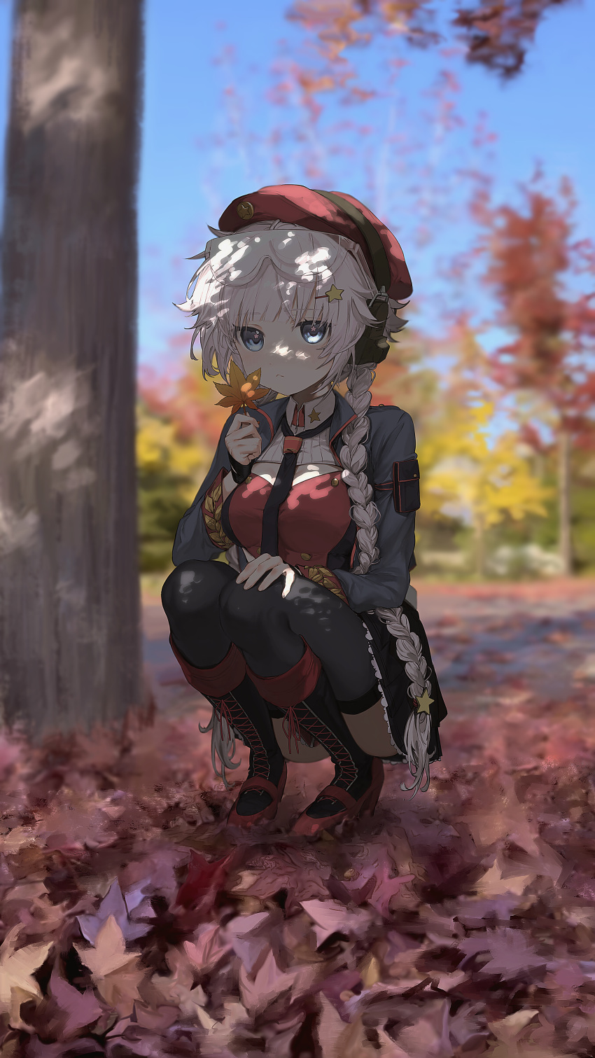 1girl absurdres autumn_leaves beret black_footwear black_gloves black_necktie black_thighhighs blue_eyes blue_jacket boots braid breasts cleavage_cutout clothing_cutout commentary_request ear_protection eyes_visible_through_hair fingerless_gloves girls'_frontline gloves goggles goggles_on_head hair_ornament hairclip hand_on_own_leg hand_up hat high_heel_boots high_heels highres iitenkidesune jacket large_breasts long_hair long_sleeves looking_at_viewer necktie ots-12_(girls'_frontline) outdoors parted_lips pouch red_headwear see-through solo squatting star_(symbol) star_hair_ornament star_in_eye symbol_in_eye thighhighs tree twin_braids very_long_hair white_hair