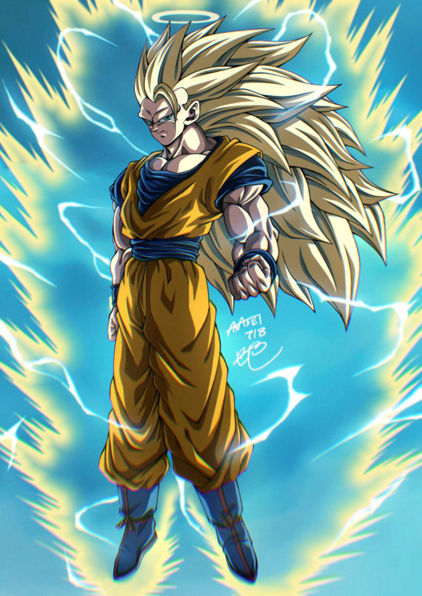 1boy arm_at_side artist_name aura baggy_pants biceps blonde_hair blue_footwear blue_sash blue_shirt blue_sky blue_wristband boots clenched_hand closed_mouth commentary_request day dougi dragon_ball dragon_ball_z electricity energy floating full_body green_eyes halo hand_up highres long_hair looking_at_viewer male_focus muscular muscular_male no_eyebrows orange_pants outdoors pants pectorals sash serious seya_(asasei_718) shirt short_sleeves signature sky solo son_goku spiked_hair super_saiyan super_saiyan_3 v-shaped_eyebrows wristband