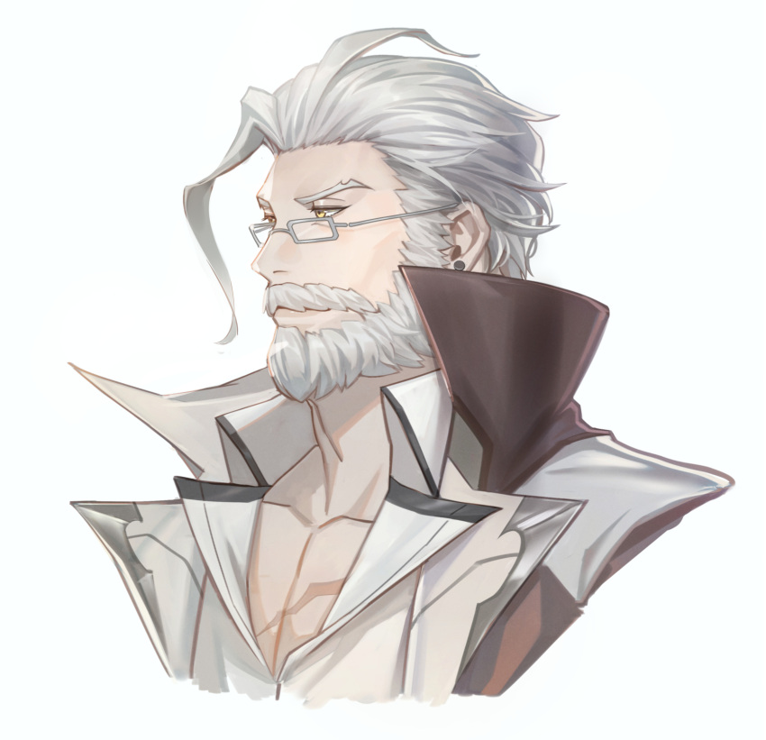 1boy absurdres bara beard character_request cropped_torso ear_piercing facial_hair glasses hair_slicked_back highres ina_zuma looking_ahead male_focus mature_male old old_man pectoral_cleavage pectorals piercing sideburns solo thick_mustache white_hair