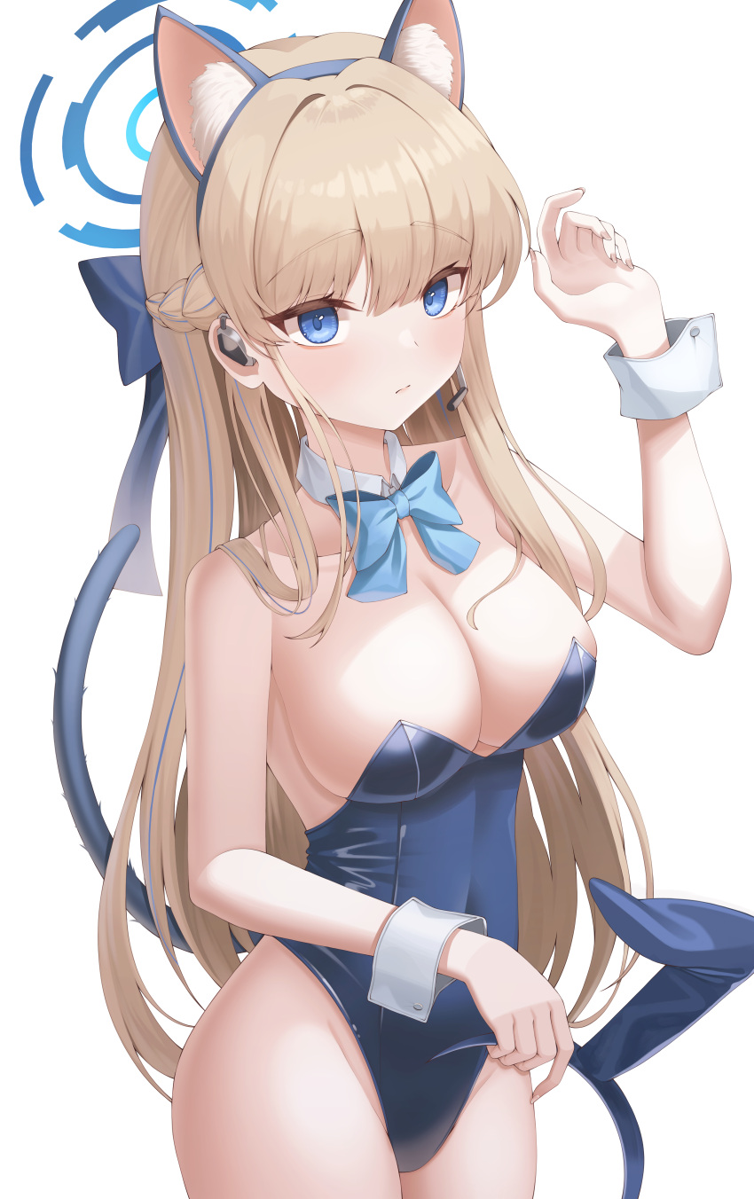 1girl absurdres animal_ears aqua_bow aqua_bowtie bare_shoulders blonde_hair blue_archive blue_eyes blue_hair blue_hairband blue_leotard bow bowtie breasts cat_ears cat_tail detached_collar earpiece fake_animal_ears fake_tail hair_bow hairband halo highleg highleg_leotard highres large_breasts leotard long_hair looking_at_viewer multicolored_hair official_alternate_costume playboy_bunny siru streaked_hair tail toki_(blue_archive) toki_(bunny)_(blue_archive) wrist_cuffs