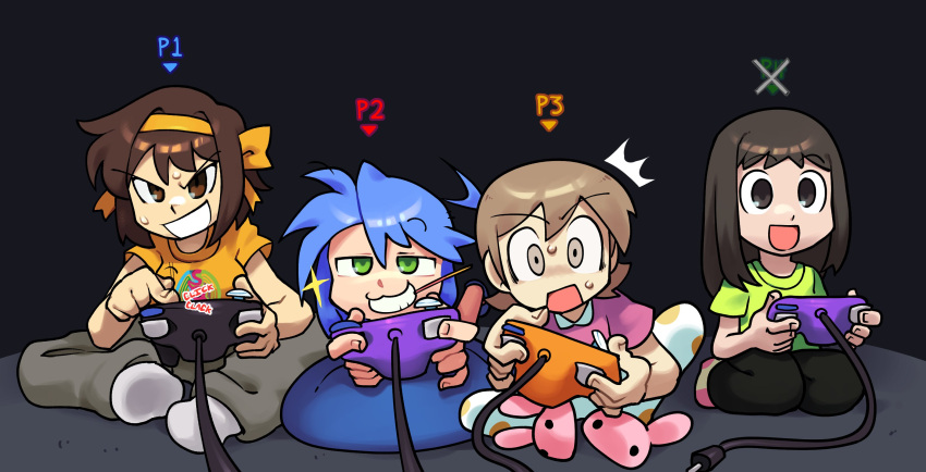 4girls aioi_yuuko animal_slippers azumanga_daioh bean_bag_chair black_hair blue_hair brown_eyes brown_hair controller crossover food game_controller gamecube_controller hairband highres holding holding_controller holding_game_controller izumi_konata kasuga_ayumu long_hair lucky_star lying mouth_hold multiple_girls nichijou on_stomach open_mouth pajamas playing_games pocky saji_(sajishuffle) shirt short_hair shorts simple_background sitting slippers sparkle suzumiya_haruhi suzumiya_haruhi_no_yuuutsu sweat t-shirt