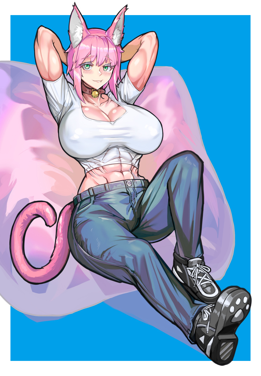 1girl abs absurdres animal_ears arms_behind_head bell blush breasts cat_ears cat_girl cat_tail choker cleavage commission denim fang ghgnvm green_eyes highres jeans large_breasts muscular muscular_female neck_bell original pants pillow pink_hair pixiv_commission short_hair solo tail