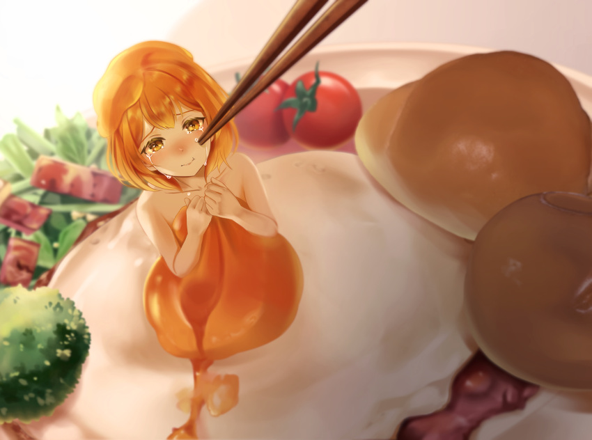 1girl :t bacon blurry bread bread_bun broccoli cherry_tomato chopsticks clenched_hands close-up closed_mouth collarbone crying depth_of_field food food_focus fried_egg highres looking_at_viewer original own_hands_together personification plate salad short_hair solo tears tomato watanacat yellow_eyes