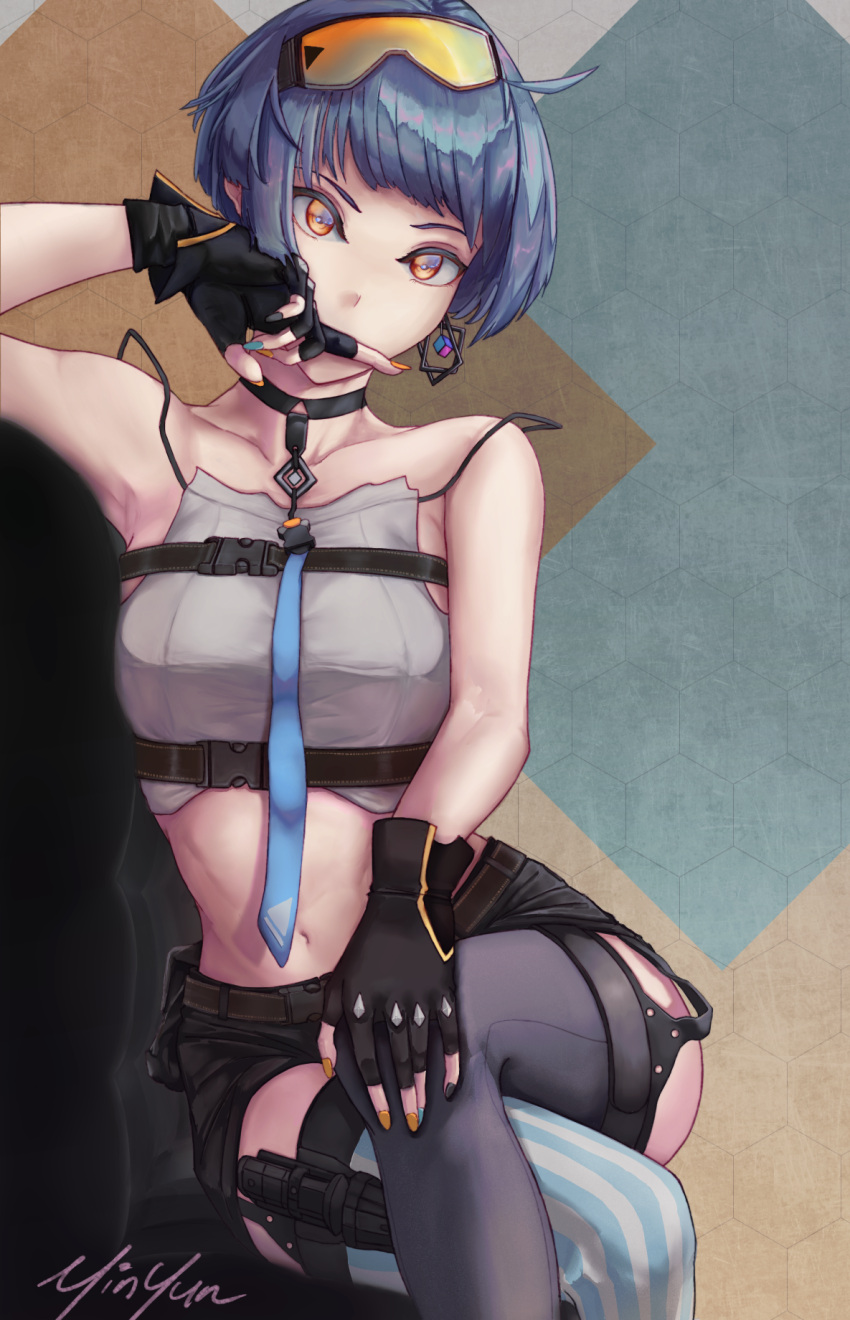1girl ahoge asymmetrical_legwear bare_shoulders black_gloves blue_hair choker collarbone covered_mouth cowboy_shot crossed_legs earrings english_commentary fingerless_gloves girls'_frontline gloves goggles goggles_on_head highres jewelry looking_at_viewer midriff mismatched_legwear multicolored_nails navel orange_eyes orange_goggles shirt short_hair short_shorts shorts signature single_earring sitting solo thighhighs white_shirt yinyun zas_m21_(girls'_frontline)