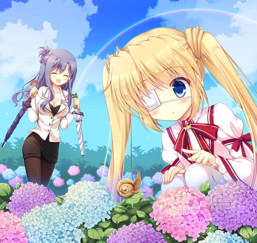 2girls :d ^_^ after_rain black_pantyhose black_skirt blonde_hair blue_eyes blue_flower blue_hair blue_sky blush breasts cleavage closed_eyes cloud collarbone colored_eyelashes commentary_request curious day eyepatch eyes_visible_through_hair flower frilled_sleeves frills garden hair_between_eyes half_updo hands_up highres holding holding_umbrella index_finger_raised jacket juliet_sleeves kazamatsuri_institute_high_school_uniform kneeling large_breasts long_hair long_sleeves looking_at_animal miniskirt multiple_girls nakatsu_shizuru nishikujou_touka one_eye_covered open_mouth outdoors pantyhose parted_lips pencil_skirt pink_flower pointing pointing_at_another pokopi puffy_sleeves purple_flower rainbow red_ribbon rewrite ribbon ribbon-trimmed_sleeves ribbon_trim school_uniform second-party_source sidelocks skirt sky smile snail straight_hair twintails umbrella very_long_hair water_drop wavy_hair white_jacket white_pantyhose wide_sleeves