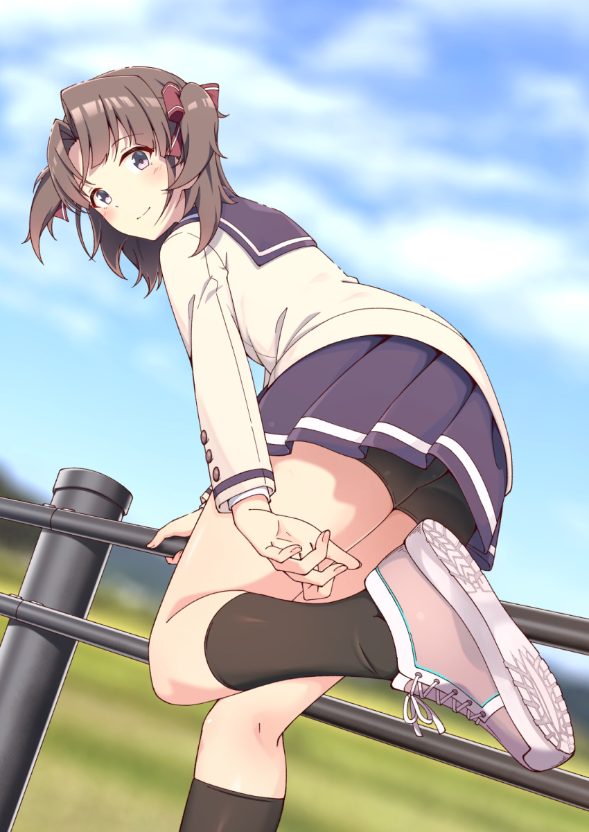 1girl bike_shorts_under_skirt black_socks blurry blurry_background bow brown_hair character_request check_character etou_kanami fingernails grey_eyes hair_bow hand_on_railing highres leg_up light_smile looking_back medium_hair motsutoko multiple_hair_bows outdoors parted_bangs pink_footwear railing renpu_girls_school_uniform school_uniform serafuku shoes socks solo toji_no_miko