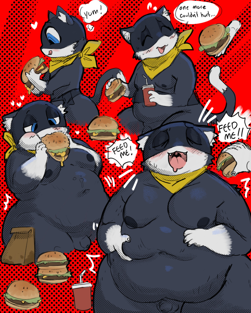 absurd_res anthro atlus belly big_belly black_body black_fur blue_eyes blush burger cricketkisses eating fast_food feeder feederism felid feline food freshly_uprooted fur genitals growth hi_res male mammal megami_tensei megami_tensei_persona moobs morgana_(persona) open_mouth overweight penis sega slightly_chubby small_penis solo weight_gain