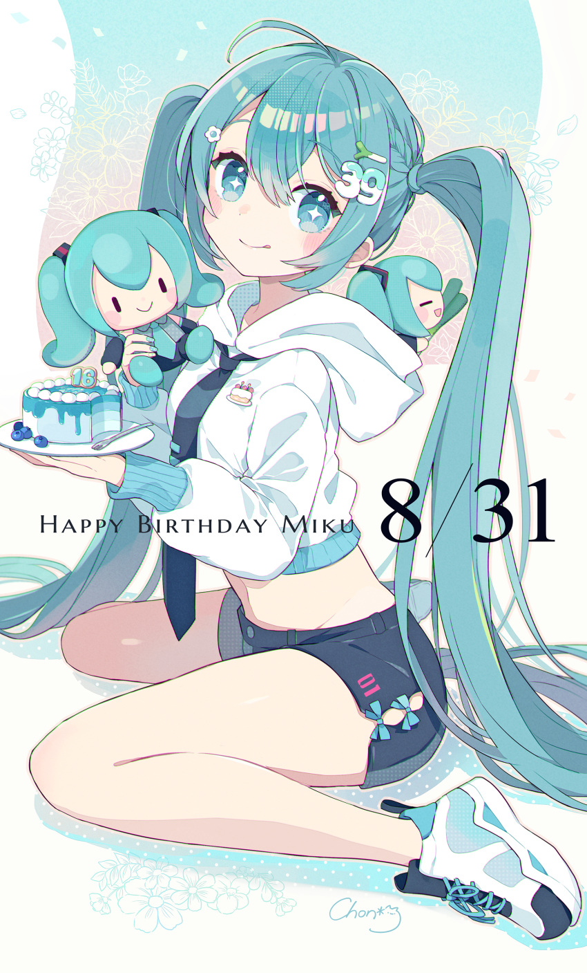 +_+ 1girl :p absurdres black_necktie black_shorts blue_eyes blue_hair blush_stickers breasts cake character_doll character_name chon_(chon33v) closed_mouth commentary_request crop_top dated food food-themed_hair_ornament fork hair_between_eyes hair_ornament happy_birthday hatsune_miku highres holding holding_plate hood hood_down hoodie long_hair medium_breasts midriff navel necktie plate short_shorts shorts sitting smile solo spring_onion_hair_ornament tie_clip tongue tongue_out very_long_hair vocaloid wariza white_hoodie