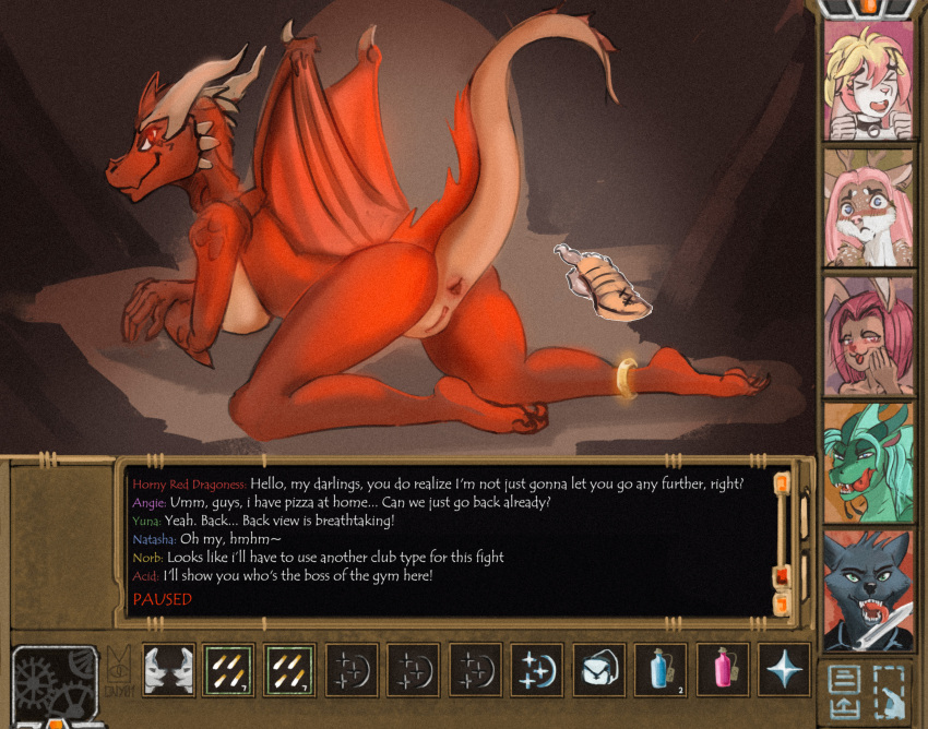 absurd_res angie_(maiteik) anthro anus aroused baldur's_gate blade breasts butt canid canine canis cursor deer dialogue display_window dragon fake_screenshot female gameplay_mechanics gaping gaping_anus genitals hi_res horn icon irlion_(ony01) lizard looking_at_viewer looking_back male mammal nude ony01 portrait rear_view red_dragon reptile scalie shy solo tail text video_game_reference wings wolf