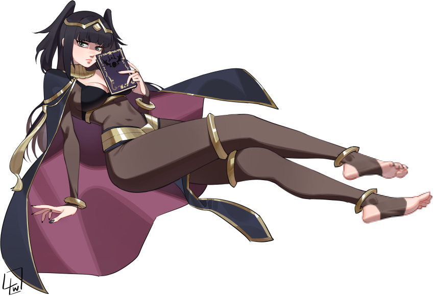 1girl absurdres arm_support artist_logo black_bra black_cape black_hair blunt_bangs bodysuit book bra bracelet breasts brown_bodysuit cape censored_feet commentary covered_navel crossed_legs eyelashes feet fire_emblem fire_emblem_awakening full_body gold_trim green_eyes hand_up highres holding holding_book invisible_chair jewelry l4wless leaning_back legs lips long_hair long_legs looking_at_viewer medium_breasts nail_polish no_shoes sidelocks simple_background sitting solo stirrup_legwear tharja_(fire_emblem) tiara toeless_legwear toenail_polish toenails toes two_side_up underwear white_background