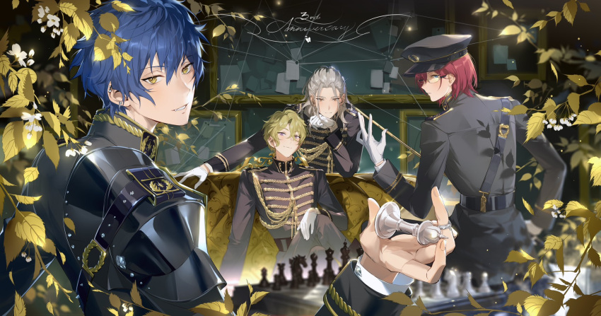 4boys armor belt black_jacket blue_eyes blue_hair board_game chess couch crossed_legs earrings eden_(ensemble_stars!) emblem english_text ensemble_stars! expressionless fang flower glasses gloves green_hair hat highres holding_chess_piece jacket jewelry long_hair looking_at_viewer male_focus military_hat military_uniform multiple_boys orange_eyes ponytail purple_eyes ran_nagisa red_hair rrr_(reason) saegusa_ibara sazanami_jun short_hair shoulder_armor smile string table tomoe_hiyori uniform white_flower white_gloves white_hair yellow_eyes yellow_leaves