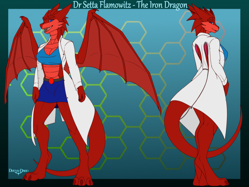 3_toes anthro barefoot blue_bottomwear blue_clothing blue_eyes blue_skirt blue_topwear bottomwear breasts claws cleavage clothed clothing coat digitigrade dragon dreyk-daro english_text feet female hi_res lab_coat looking_at_viewer looking_back looking_back_at_viewer medium_breasts membrane_(anatomy) membranous_wings model_sheet non-mammal_breasts open_mouth red_body red_scales scales scalie setta_flamowitz simple_background skirt solo standing text toe_claws toes topwear western_dragon white_lab_coat wings