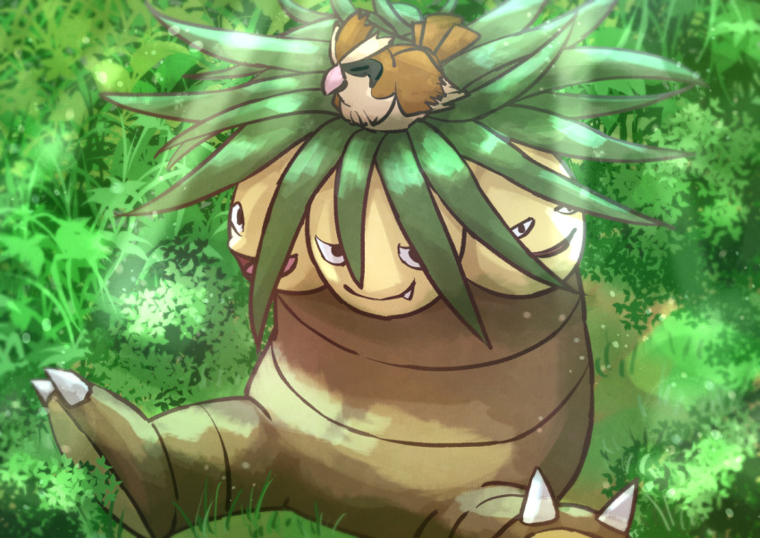 animal_focus black_eyes closed_eyes exeggutor fang fang_out grass kotobukkii_(yt_lvlv) leaf looking_at_viewer multiple_heads no_humans on_grass on_head pidgey pokemon pokemon_(creature) pokemon_on_head sitting sitting_on_head sitting_on_person sleeping smile