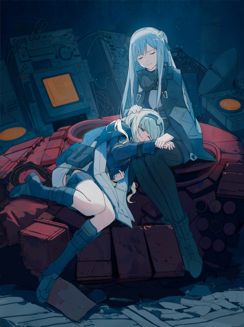 2girls absurdres ak-12_(girls'_frontline) an-94_(girls'_frontline) aqua_hair belt_pouch boots cape closed_eyes dear_faith girls'_frontline grey_hair hand_on_another's_head headband headpat highres holding_hands lap_pillow long_hair mask mask_removed mouth_mask multiple_girls pants pouch sitting tactical_clothes tank_turret thigh_strap