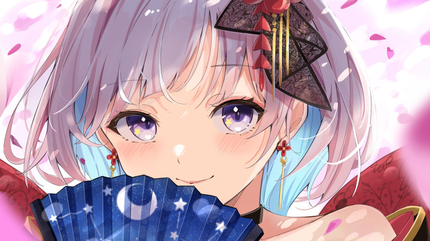 1girl airani_iofifteen airani_iofifteen_(5th_costume) anbasa_(amaneyuz13) black_choker blue_hair blue_sailor_collar choker closed_mouth colored_inner_hair earrings falling_petals flower_earrings folding_fan grey_hair hair_ornament hand_fan heart heart_in_eye highres holding holding_fan hololive hololive_indonesia jewelry kanzashi looking_at_viewer multicolored_hair official_alternate_costume petals portrait purple_eyes sailor_collar smile solo symbol_in_eye veil virtual_youtuber