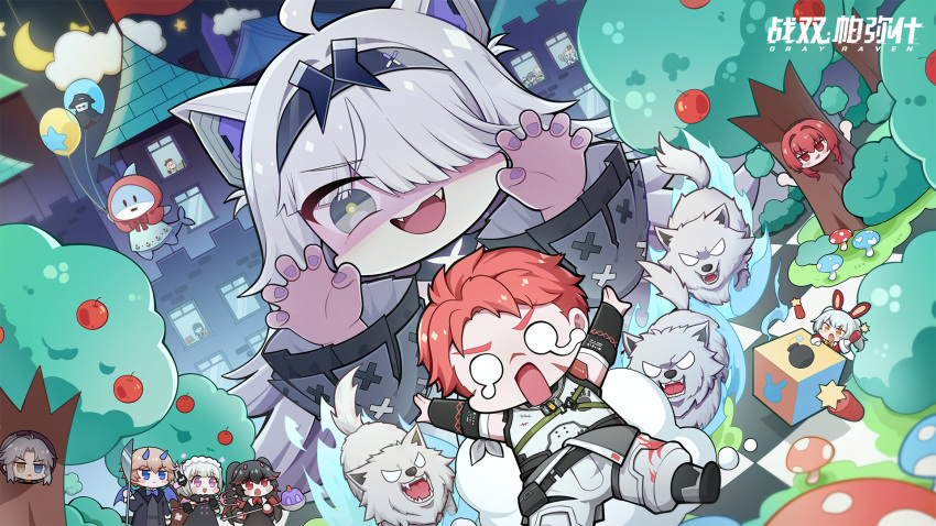 animal_ears apple_tree ayla_(punishing:_gray_raven) black_hair blonde_hair blue_eyes camu_(punishing:_gray_raven) chasing chibi chrome_(punishing:_gray_raven) costume crying food fork heterochromia highres horns kamui_(punishing:_gray_raven) karenina_(punishing:_gray_raven) knife lee_(punishing:_gray_raven) liv_(punishing:_gray_raven) long_sleeves lucia_(punishing:_gray_raven) mop mushroom no.21_(punishing:_gray_raven) noctis_(punishing:_gray_raven) official_art pink_eyes pink_hair pudding punishing:_gray_raven rabbit_ears red_eyes red_hair smile spoon stage tree vera_(punishing:_gray_raven) wanshi_(punishing:_gray_raven) watanabe_(punishing:_gray_raven) white_hair window wolf wolf_ears