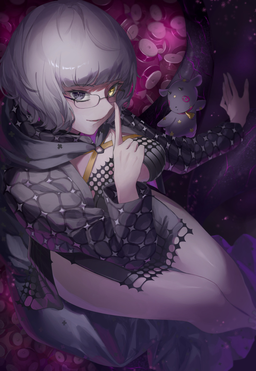 1girl absurdres baphomet_(fate) black_dress blue_eyes breasts cleavage coat colored_skin cropped_jacket dress fate/grand_order fate_(series) finger_to_mouth glasses grey_hair grey_skin heterochromia highres hood ina_(rimuna_1228) jacket jacques_de_molay_(foreigner)_(fate) jacques_de_molay_(foreigner)_(second_ascension)_(fate) lamb large_breasts long_sleeves looking_at_viewer multicolored_eyes open_clothes open_jacket padded_coat sheep short_dress short_hair shushing smile solo stuffed_animal stuffed_toy tentacles thighs yellow_eyes