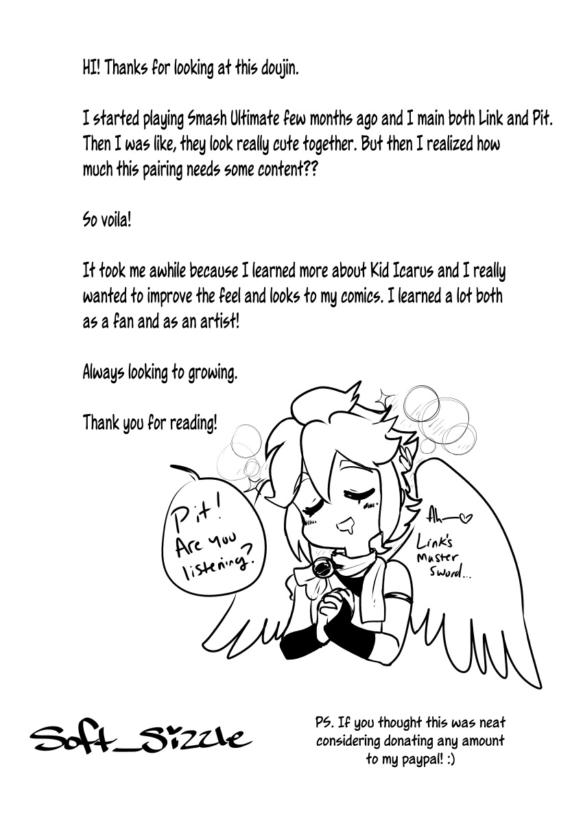 &lt;3 2020 absurd_res angel armwear blush clothing comic dialogue english_text eyes_closed feathered_wings feathers fingers hair hi_res humanoid kid_icarus male monochrome nintendo not_furry offscreen_character open_mouth open_smile pit_(kid_icarus) signature smile soft_sizzle solo speech_bubble text winged_humanoid wings