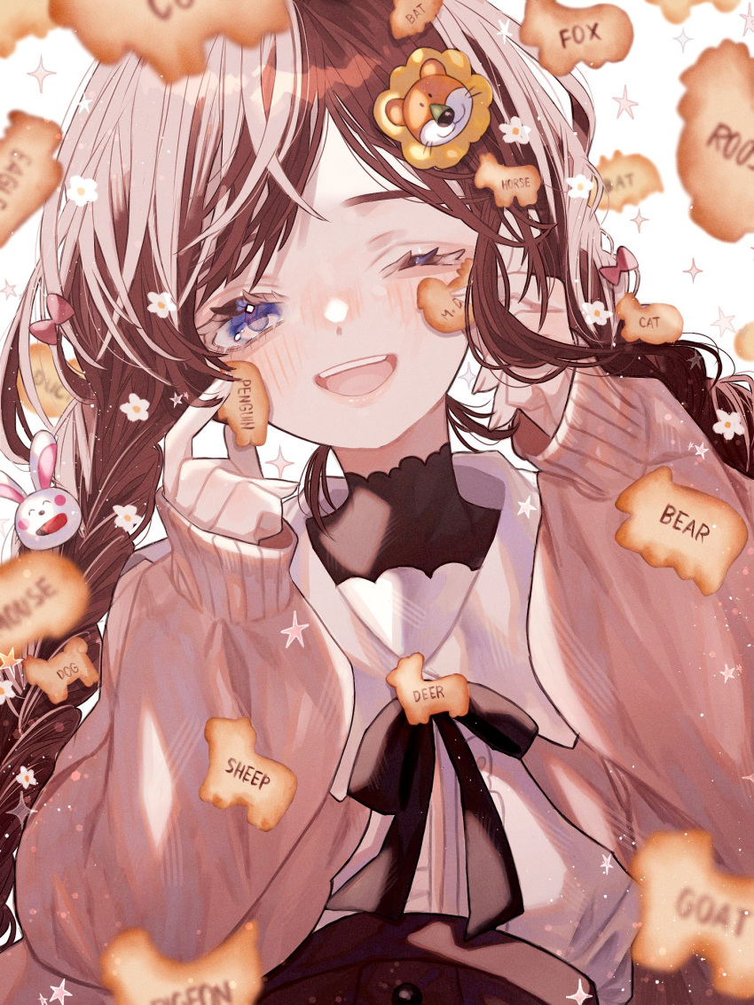 1girl animal_crackers black_bow black_bowtie black_undershirt bow bowtie braid brown_hair collar commentary_request detached_collar eyelashes flower food hair_bow hair_flower hair_ornament half-closed_eye harumi_nimu high_collar highres holding holding_food jacket light_blush lion_hair_ornament long_hair long_sleeves looking_at_viewer one_eye_closed open_clothes open_jacket open_mouth original pink_bow pink_jacket puffy_long_sleeves puffy_sleeves purple_eyes rabbit_hair_ornament shirt sleeves_past_wrists smile solo sparkle star_(symbol) sweater_jacket teeth twin_braids upper_body upper_teeth_only white_background white_collar white_flower white_shirt