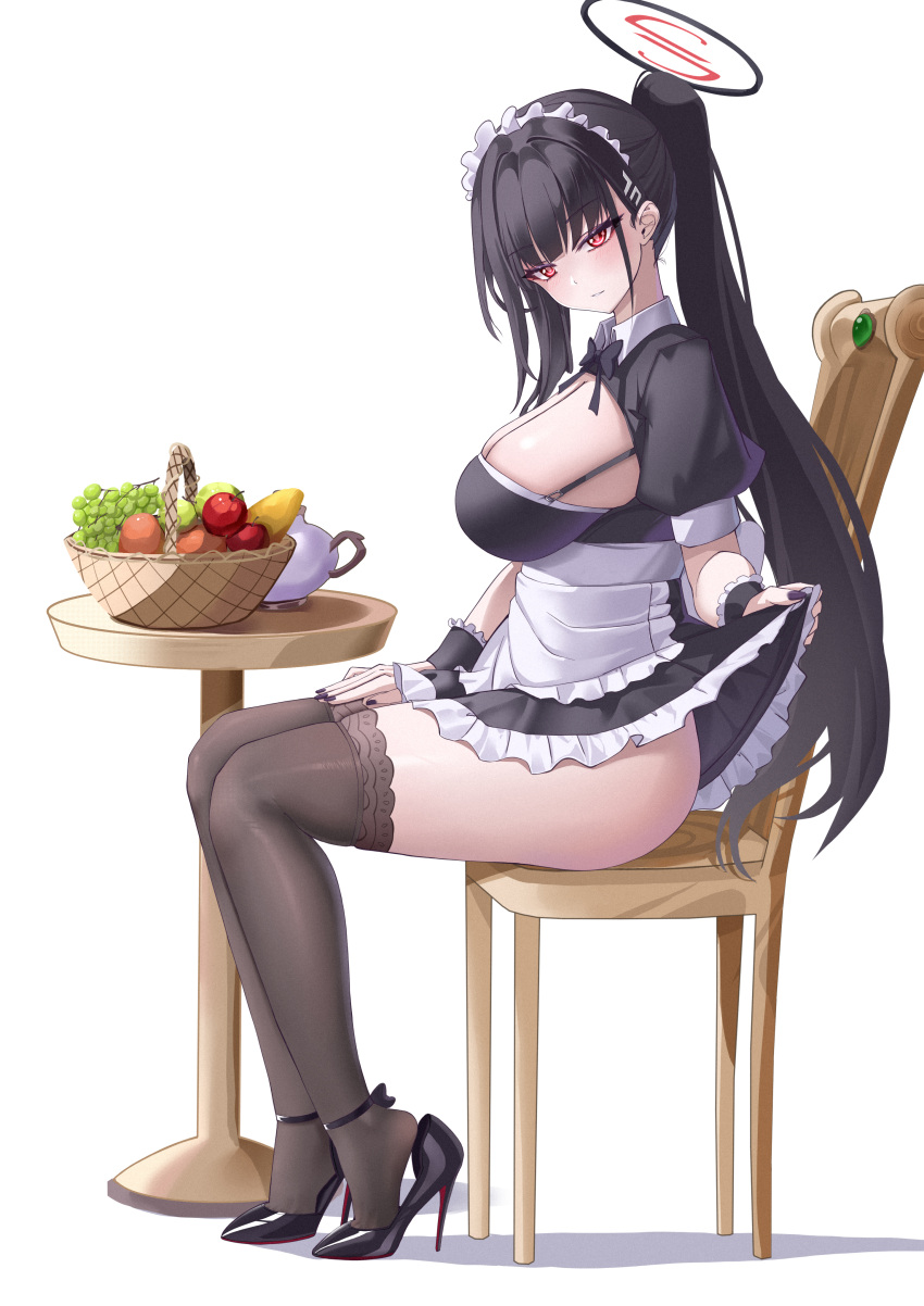 1girl absurdres alternate_costume apple apron basket black_footwear black_hair black_halo black_nails blue_archive blush breasts chair clothes_lift enmaided food fruit grapes halo high_heels highres kaijiba large_breasts lifted_by_self maid maid_apron maid_headdress nail_polish ponytail red_eyes rio_(blue_archive) simple_background sitting smile solo teapot white_background