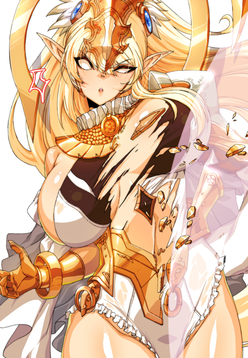 1girl :o armor armored_dress blonde_hair breasts broken_armor commission commissioner_upload dungeon_and_fighter hair_ornament halo highres large_breasts long_hair niu_(dungeon_and_fighter) niu_teana no_pupils non-web_source pixiv_commission pointy_ears ponytail rantia shiny_skin solo surprised teeth torn_clothes upper_body upper_teeth_only white_background
