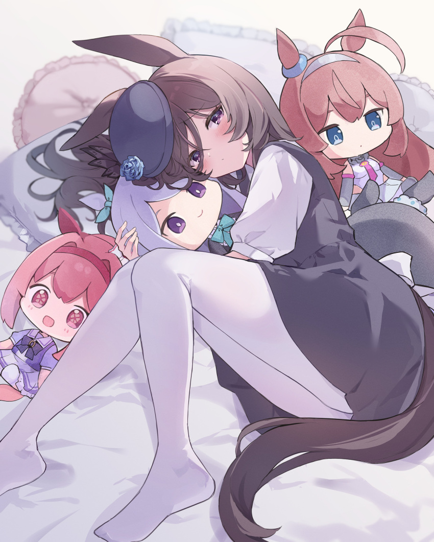 1girl absurdres animal_ears aqua_bow aqua_bowtie bed_sheet black_dress blue_flower blue_headwear blue_rose blush bow bowtie brown_hair brown_tail character_doll closed_mouth commentary_request dress flower foot_out_of_frame hair_between_eyes hair_intakes hairband haru_urara_(umamusume) highres horse_ears horse_girl horse_tail knees_together_feet_apart legs long_hair lying mejiro_mcqueen_(umamusume) mihono_bourbon_(umamusume) mola_mola necktie no_shoes object_hug on_side pantyhose parted_bangs pillow pink_hair pink_necktie puffy_short_sleeves puffy_sleeves purple_bow purple_bowtie purple_eyes purple_hair purple_skirt red_hairband rice_shower_(umamusume) rose short_dress short_sleeves skirt symbol-shaped_pupils tail thighs tilted_headwear umamusume white_pantyhose